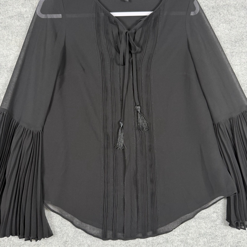 White House Black Market Size-2 Womens Blouse Bell Sleeve Black Tassel Pintuck - Picture 7 of 10